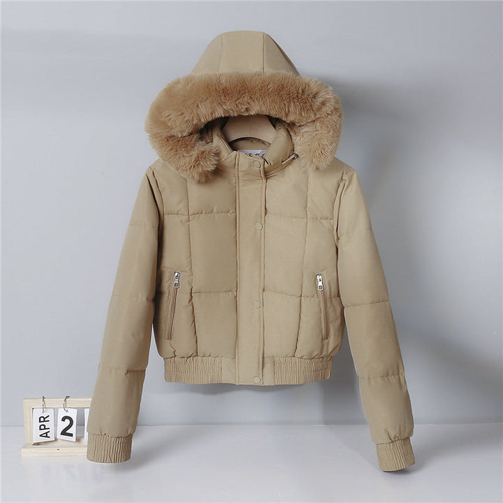 Women’s short insulated hooded blouson jacket with a fur-trimmed collar and elastic ribbed hem