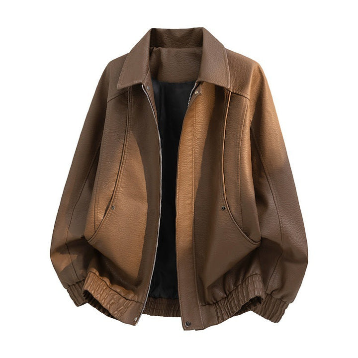 Men’s oversized faux leather field jacket with concealed zipper and pockets