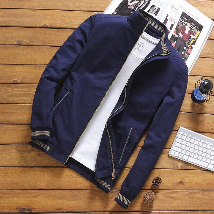 Men’s lightweight bomber-style jacket with a stand-up collar and striped ribbed cuffs