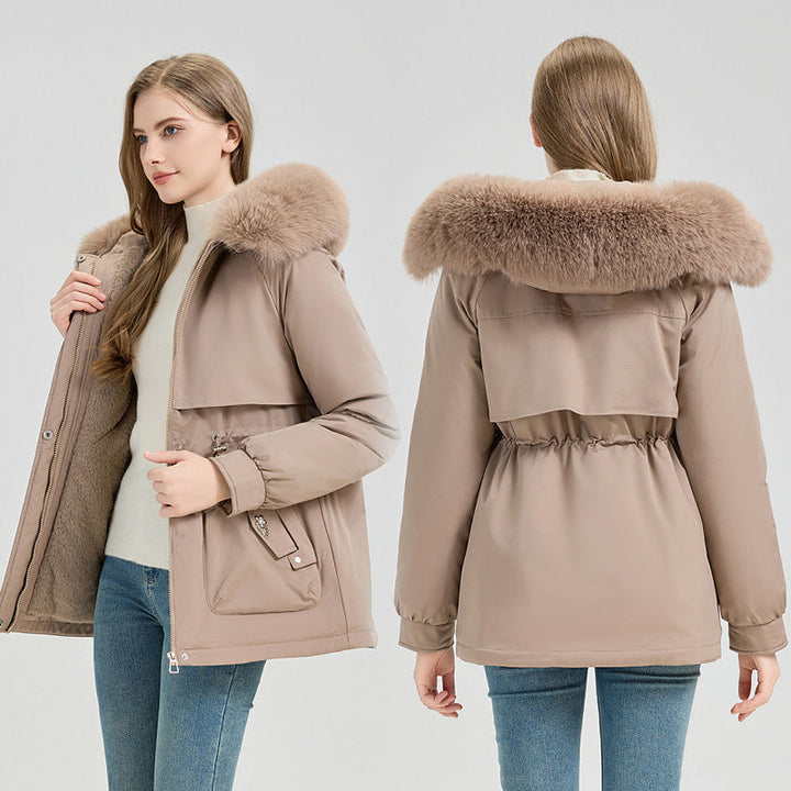 Women's short coat with faux-fur hood and drawstring waist