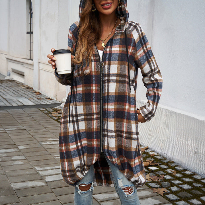 Women's Long Hooded Coat with Plaid Pattern and Balloon Hem