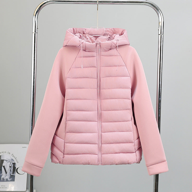 Women’s Lightweight Hybrid Quilted Jacket with Hood and Stretch Sleeve Panels
