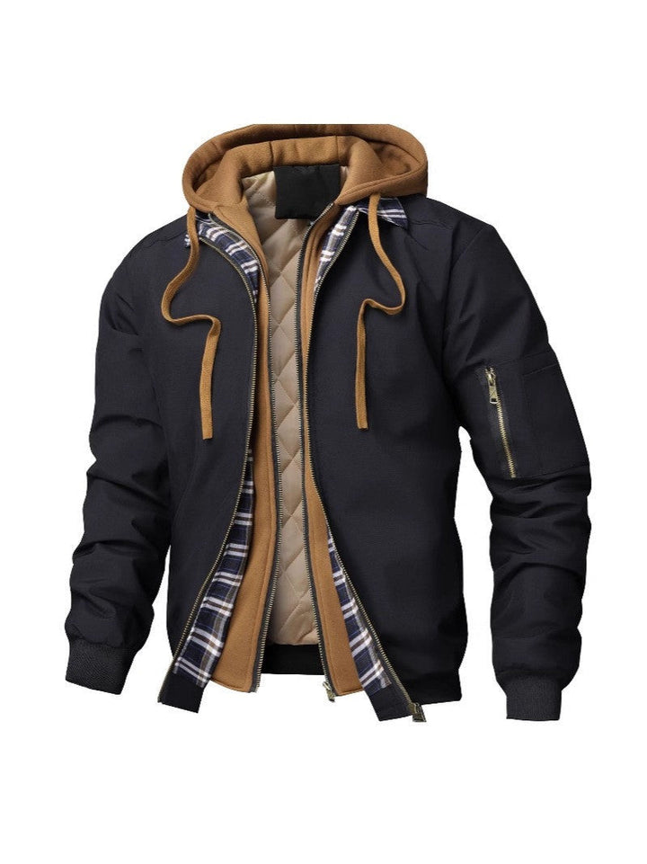Men's jacket with hood, pockets, and drawstring waist