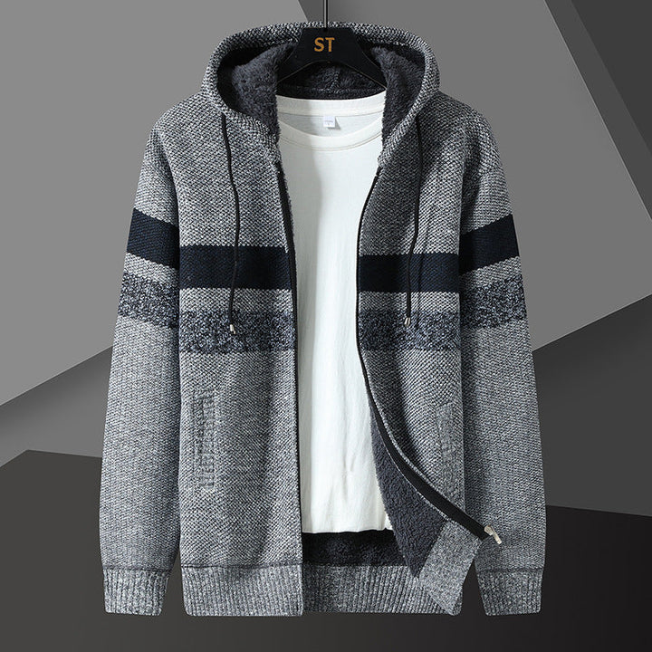 Men's Striped Hooded Jacket with Drawstring and Pockets