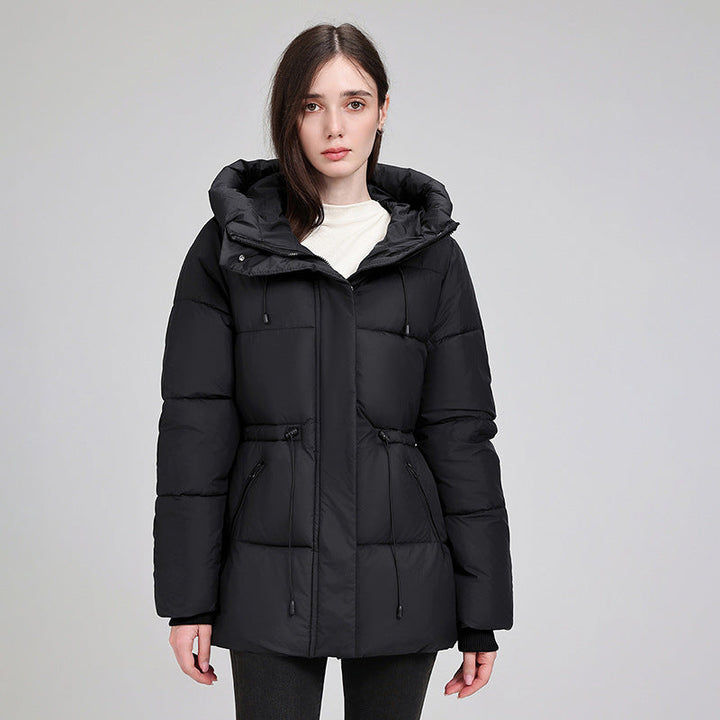 Women's padded hooded parka with an adjustable drawstring waist and ribbed cuffs