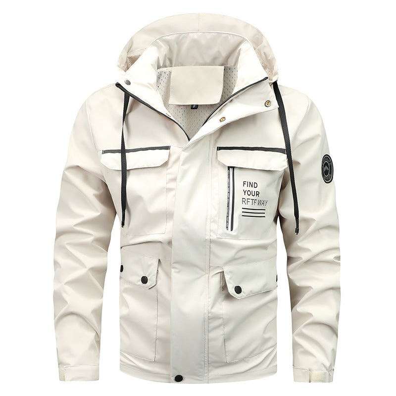 Men’s waterproof hooded rain jacket with a windproof membrane