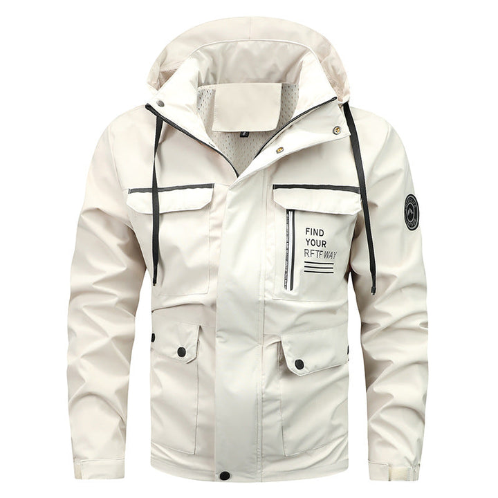 Men’s waterproof hooded rain jacket with a windproof membrane