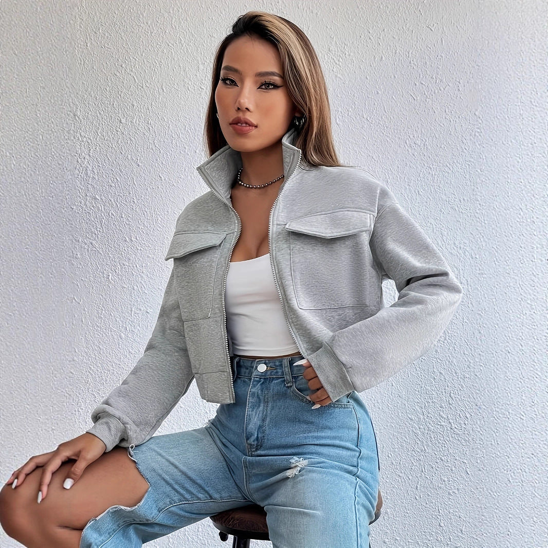 Women's cropped casual jacket with pockets and zipper