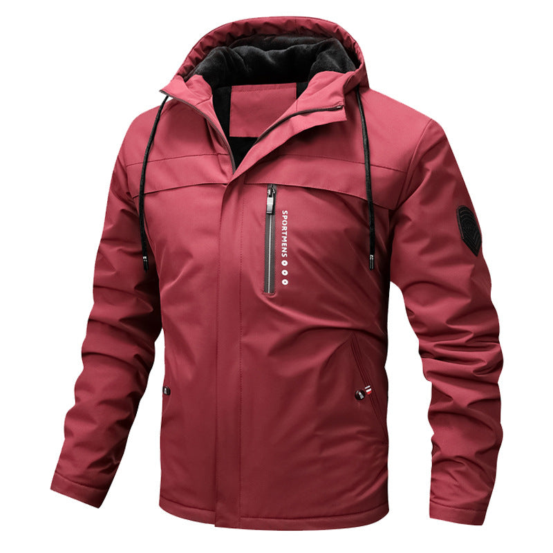 Men’s windproof softshell jacket with adjustable hood and fleece lining