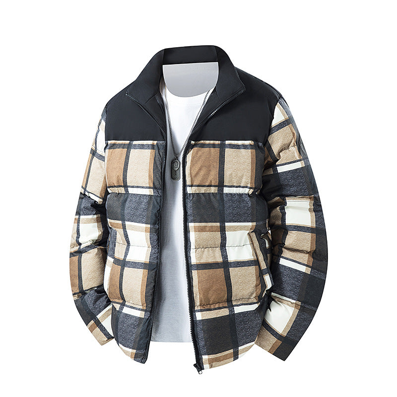 Men's checked short quilted jacket with pockets