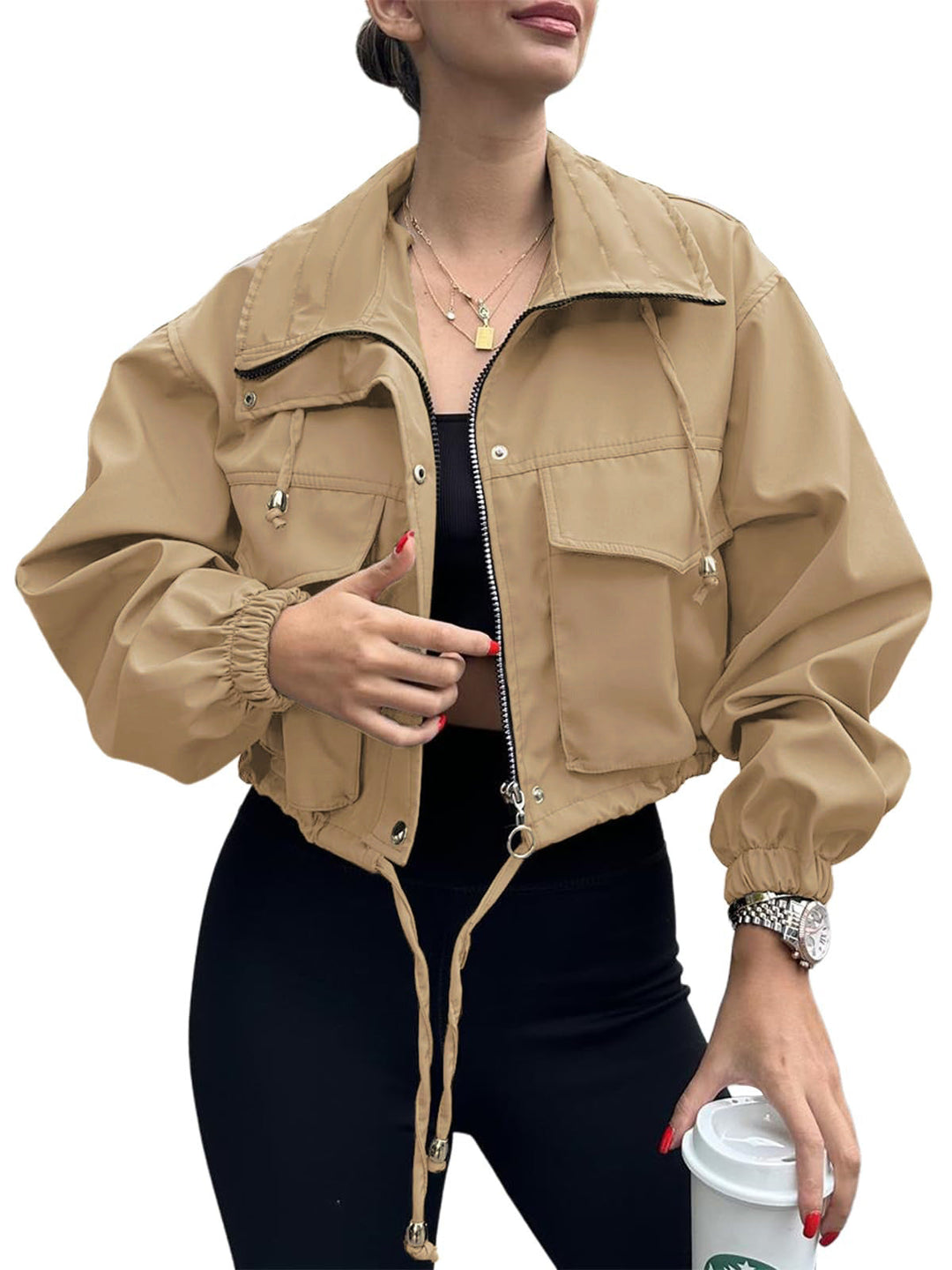 Women's cropped jacket with drawstring and elastic cuffs