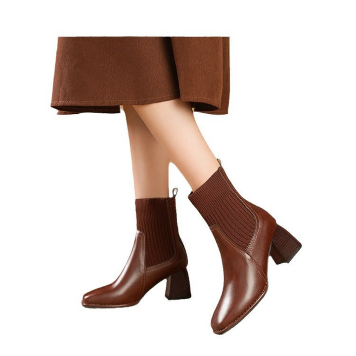 Women's chunky ankle boots with a knitted insert and sturdy heel
