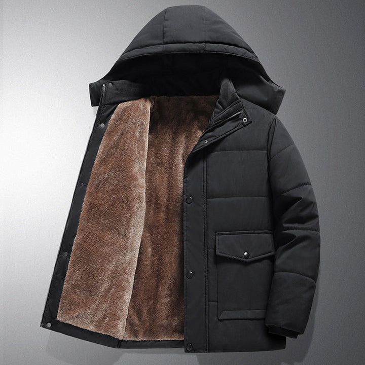 Men’s quilted jacket with hood, buttons, and pockets