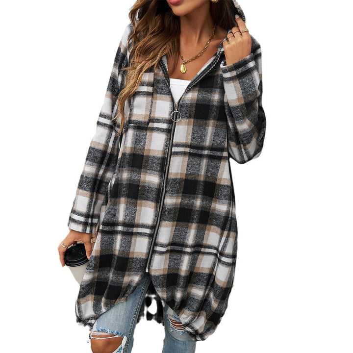 Women's Long Hooded Coat with Plaid Pattern and Balloon Hem