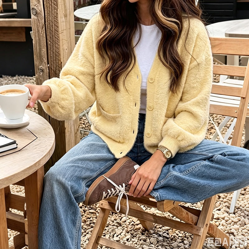 Women's cardigan with a V-neck, pockets, and buttons