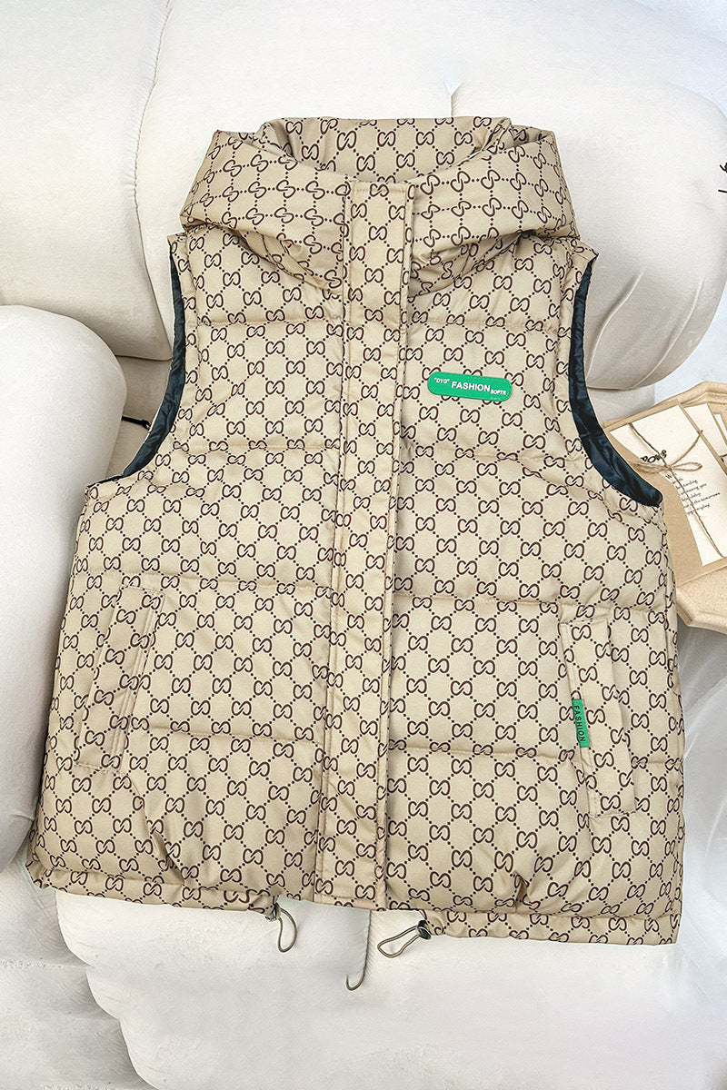 Women's quilted hooded vest with all-over logo print, padded insulation, and adjustable hem