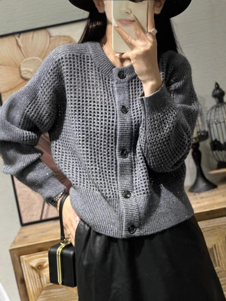 Women's mesh cardigan with a round neckline, button placket, and long sleeves