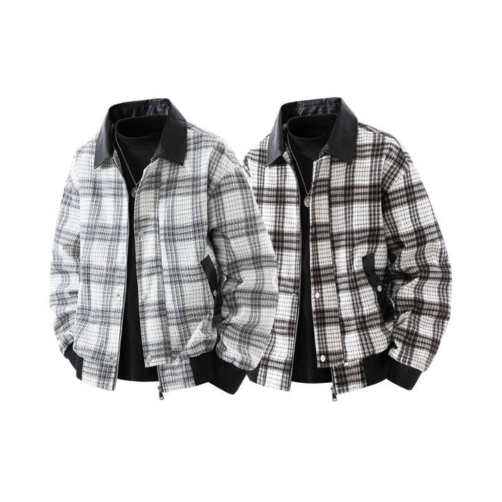 Men’s plaid overshirt jacket with a faux leather collar and lined interior