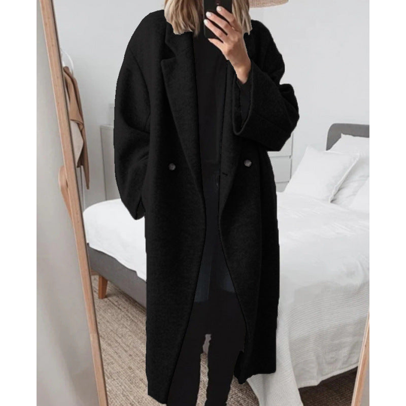 Women’s Oversized Coat with Notched Lapels and Double-Breasted Button Closure