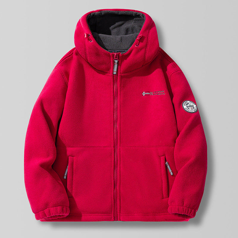 Hooded fleece jacket with a high-neck hood collar and zipper