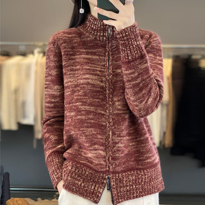 Women's knitted cardigan with zip closure and stand-up collar