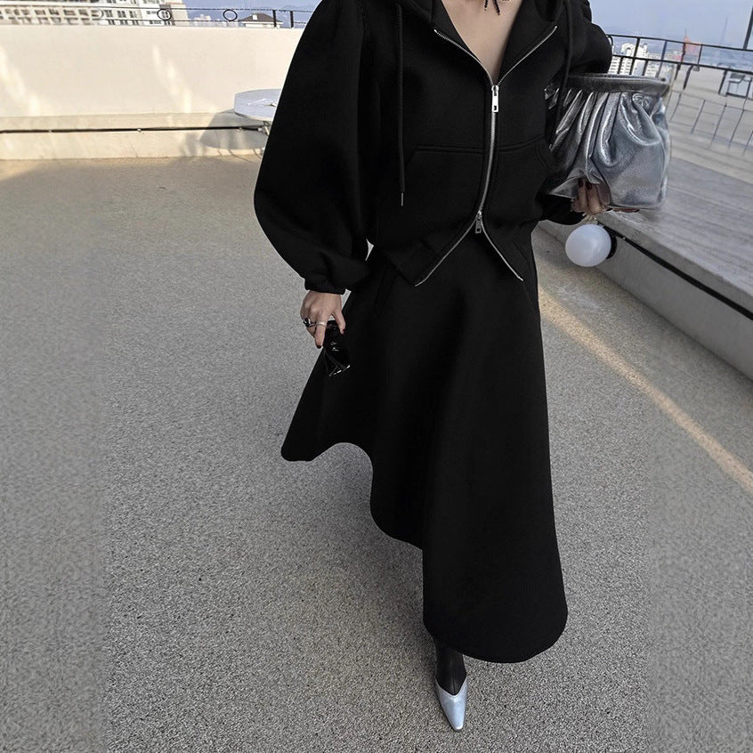 Women's sweatshirt set with balloon sleeves and a flared midi skirt