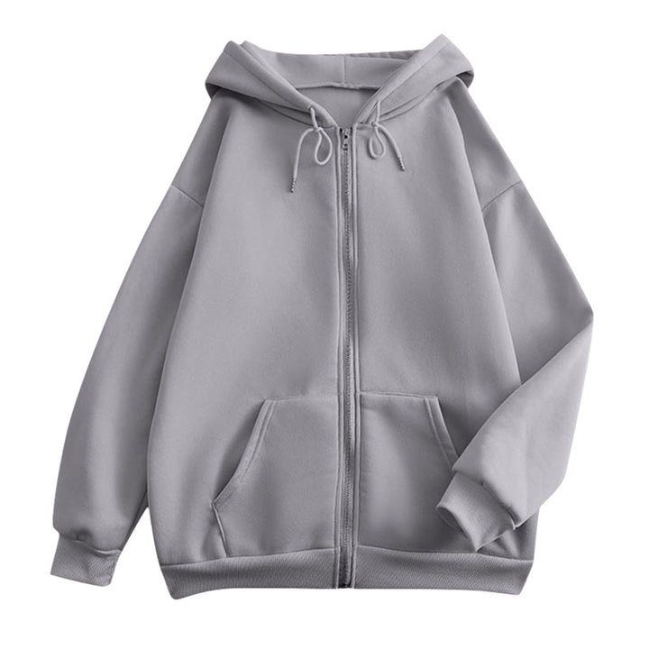Women's oversized hooded jacket with zipper, kangaroo pockets, and ribbed cuffs