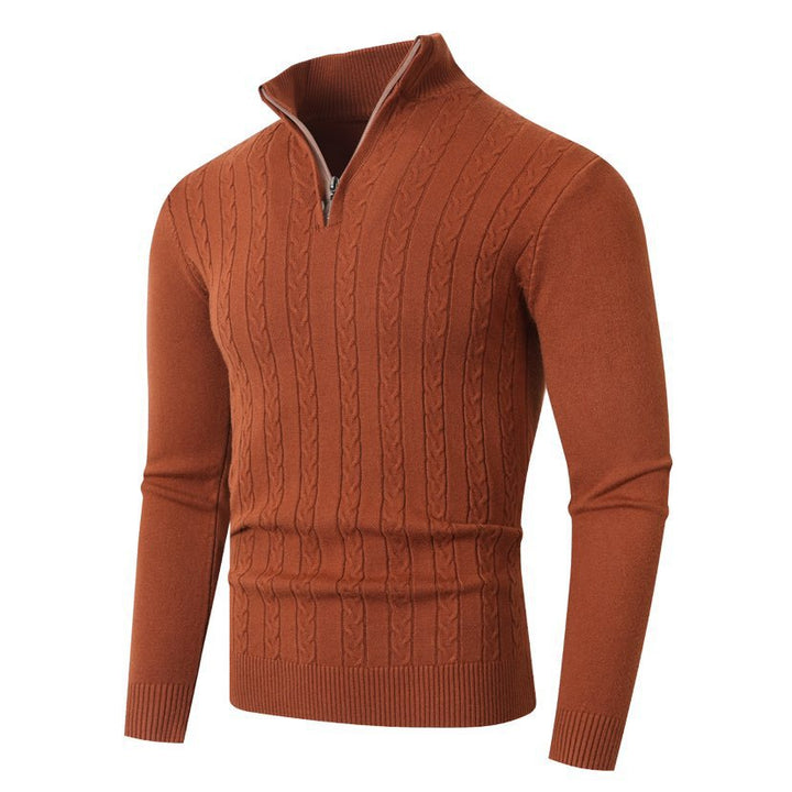 Men's cable-knit sweater with stand-up collar