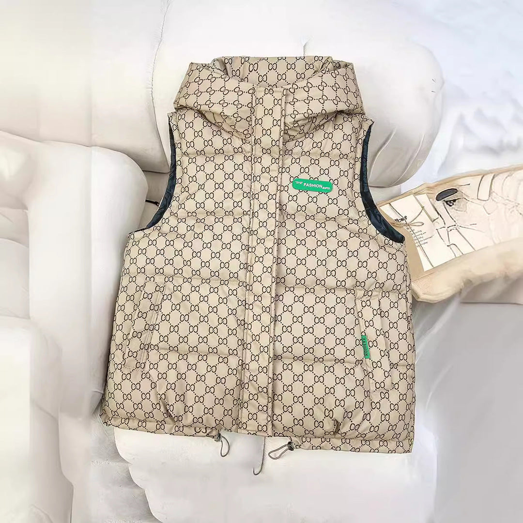 Women's quilted hooded vest with all-over logo print, padded insulation, and adjustable hem