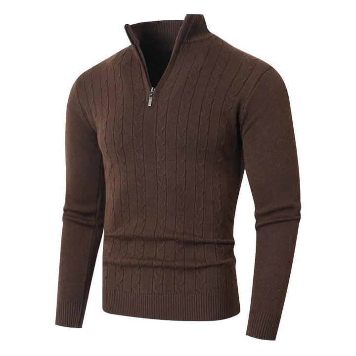 Men's cable-knit sweater with stand-up collar