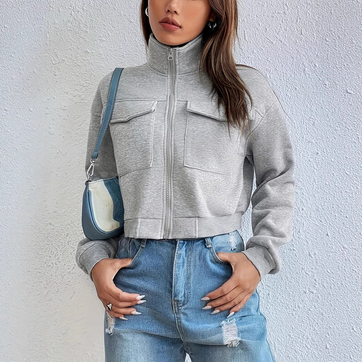 Women's cropped casual jacket with pockets and zipper