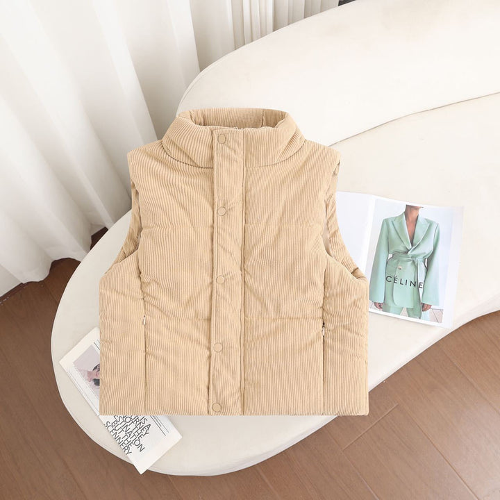 Women's short insulated vest with a high stand-up collar and snap-button placket