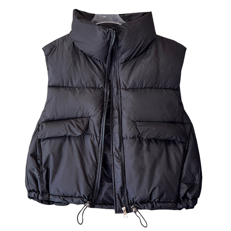Women's short insulated microfiber quilted vest with a high stand-up collar and drawstring hem