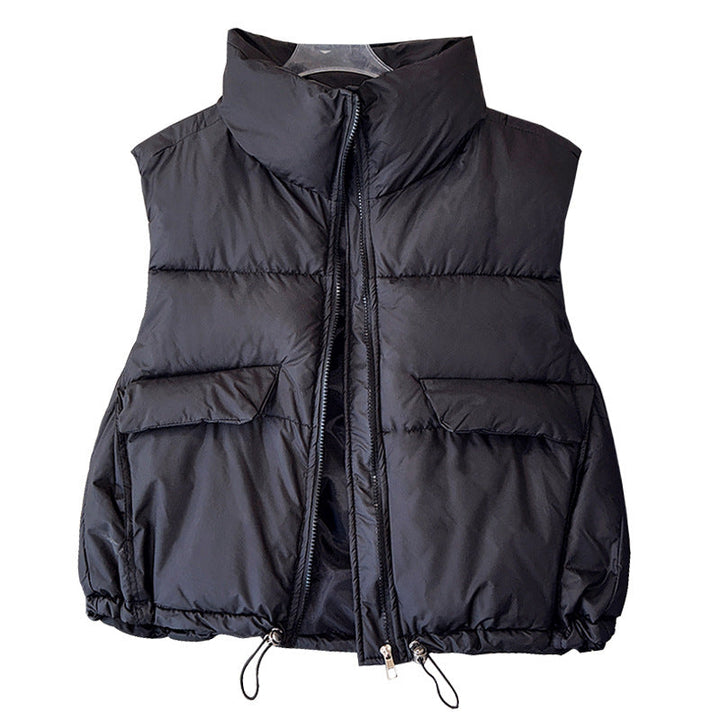 Women's short insulated microfiber quilted vest with a high stand-up collar and drawstring hem