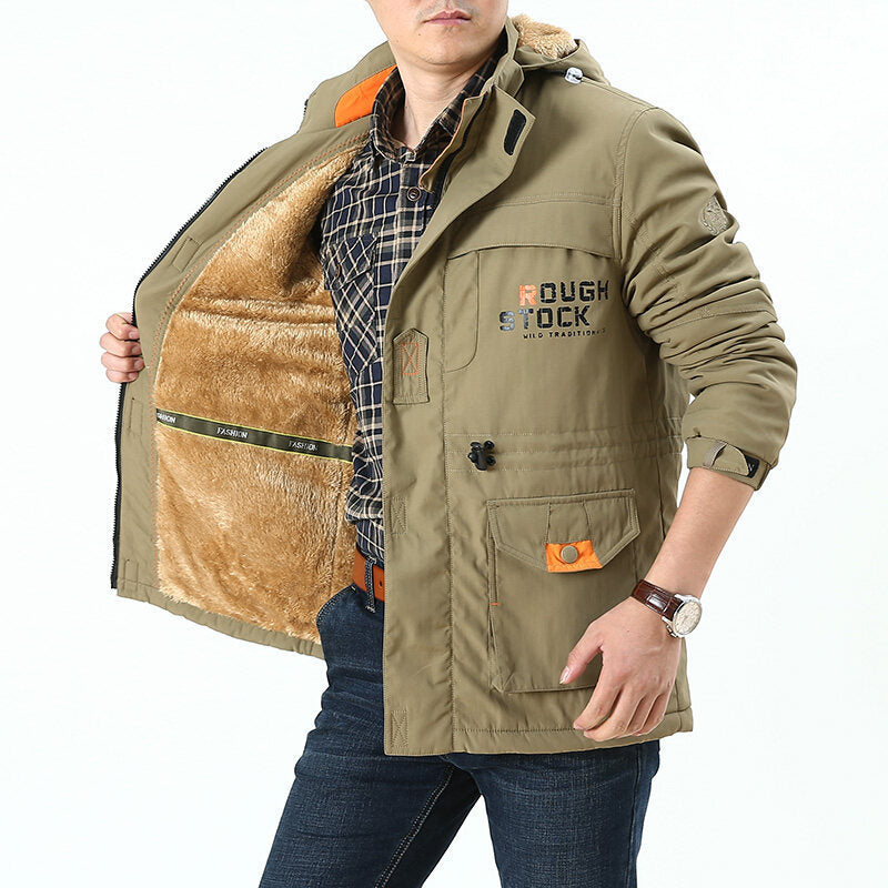 Men's long-sleeved jacket with a hood, buttons, and pockets