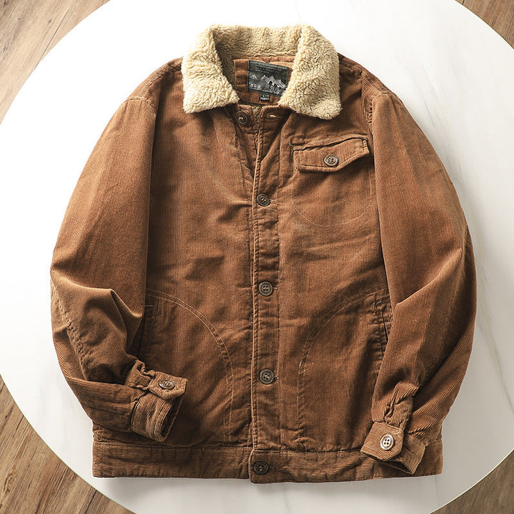 Men’s lined corduroy jacket with a teddy collar and button placket