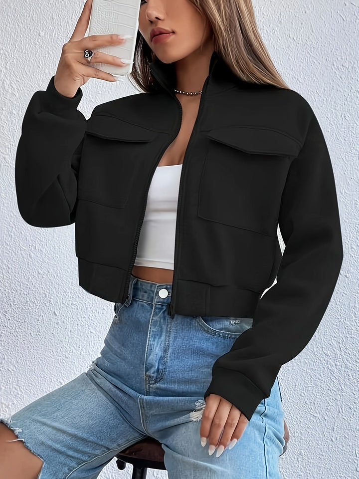 Women's cropped casual jacket with pockets and zipper