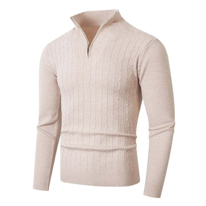 Men's cable-knit sweater with stand-up collar