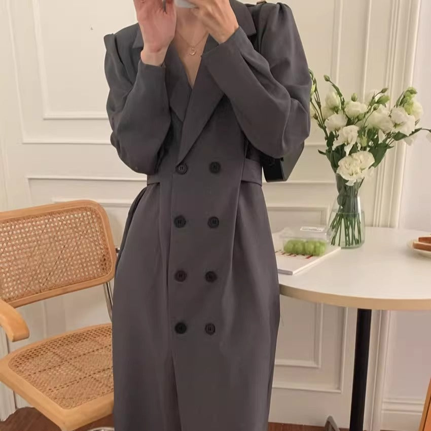 Women's double-breasted blazer dress with puff sleeves and long lapels