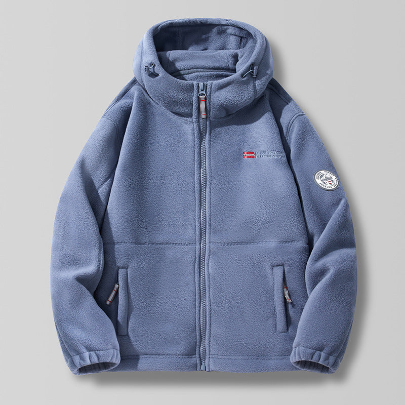 Hooded fleece jacket with a high-neck hood collar and zipper