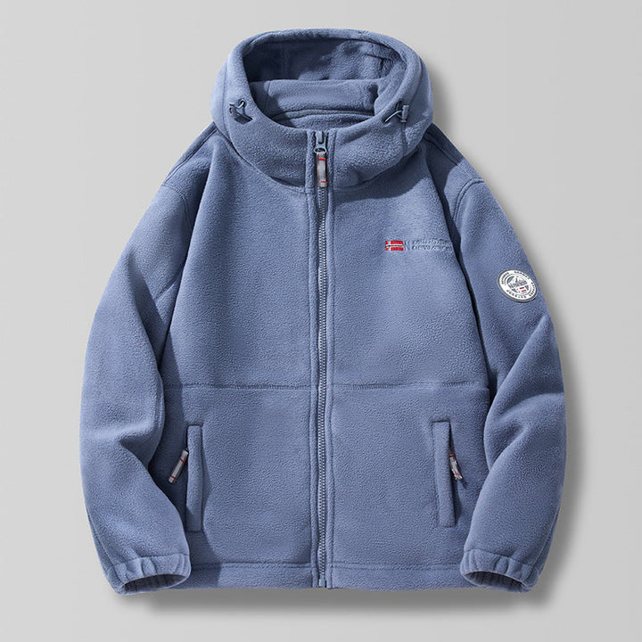Hooded fleece jacket with a high-neck hood collar and zipper