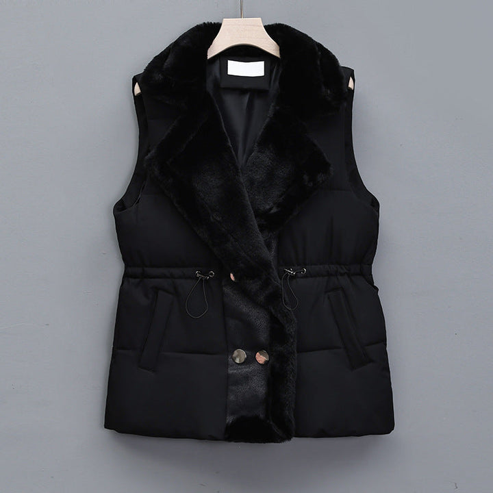 Women's quilted vest with a faux-fur shawl collar and adjustable drawstring waist
