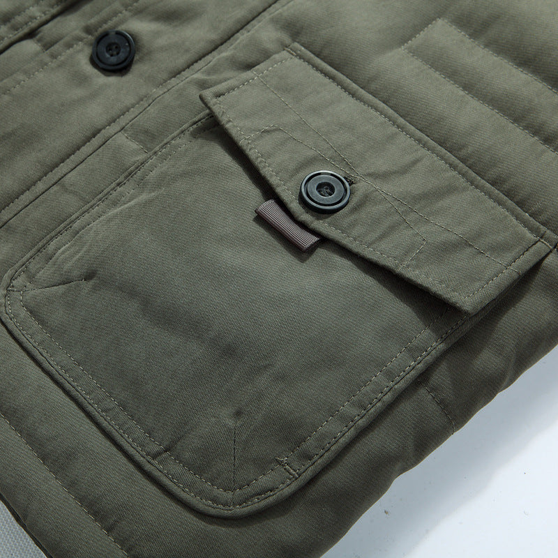 Men's winter parka with hood, buttons, and pockets