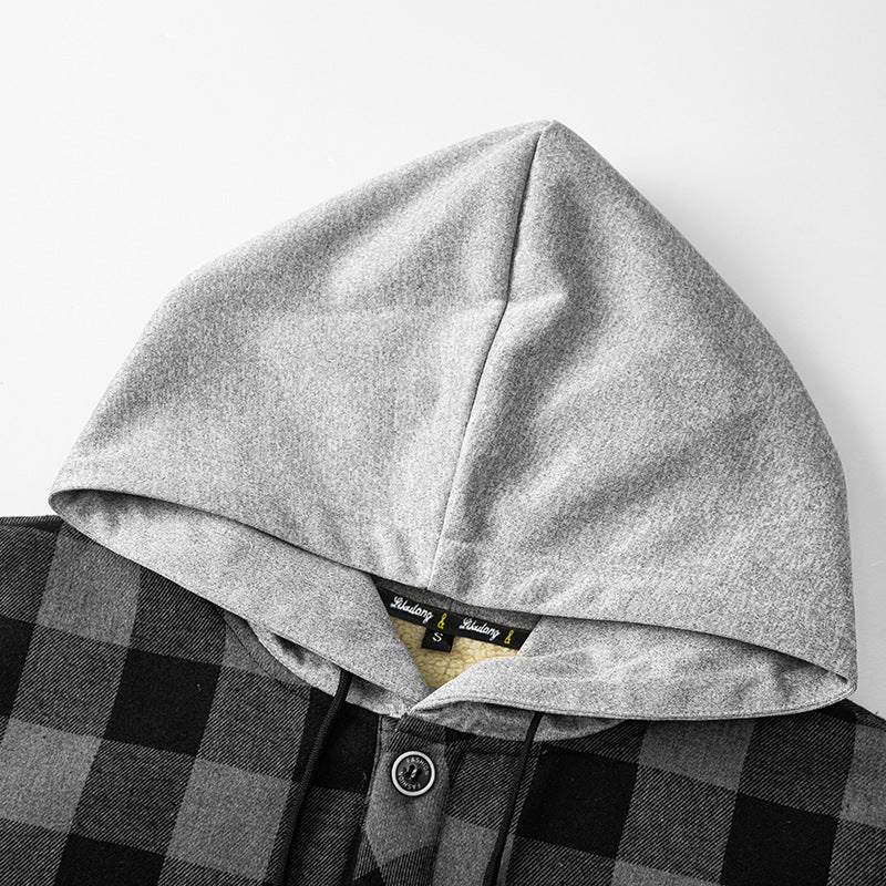 Men’s checkered overshirt with hood, chest pocket, and snap-button closure
