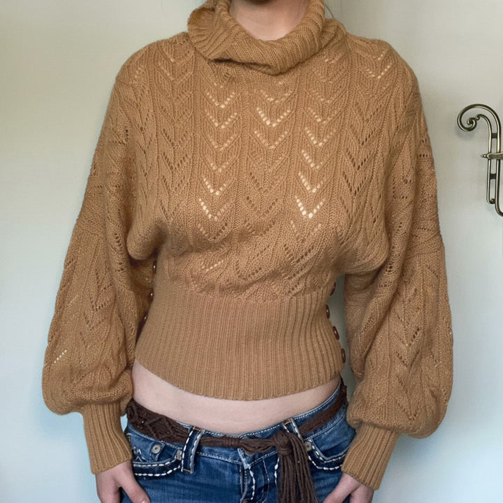 Women's Cropped Long-Sleeve Turtleneck Sweater with Buttons