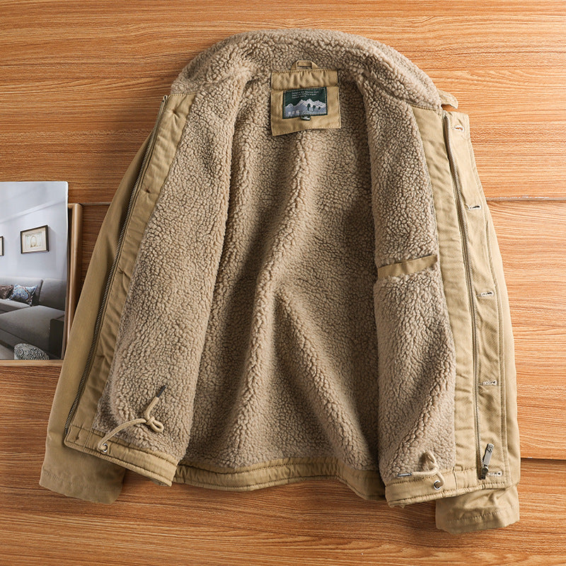 Men’s canvas jacket with a teddy collar, insulated lining, and drawstring waist