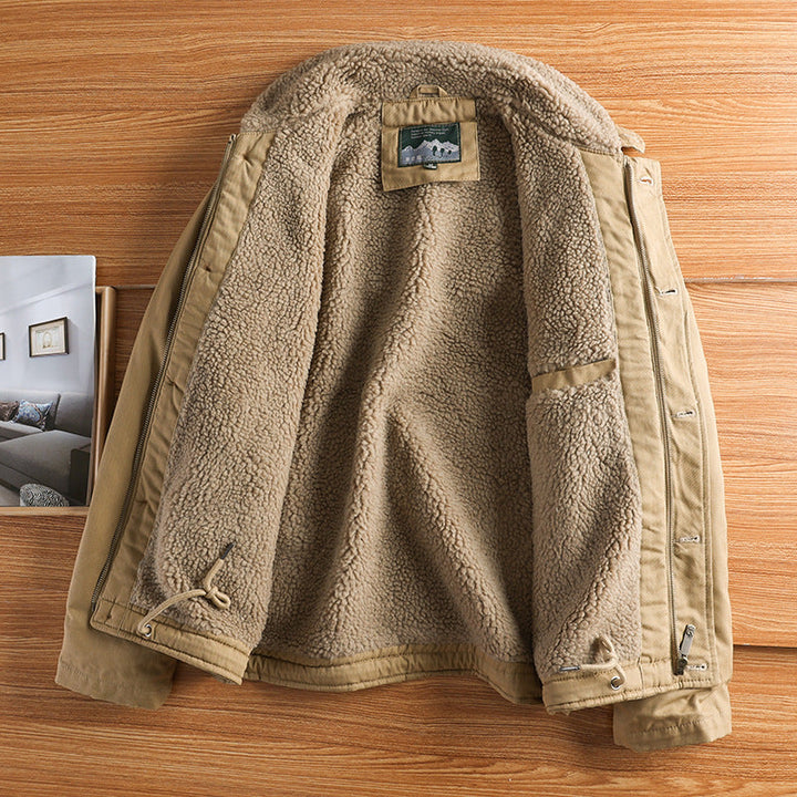 Men’s canvas jacket with a teddy collar, insulated lining, and drawstring waist
