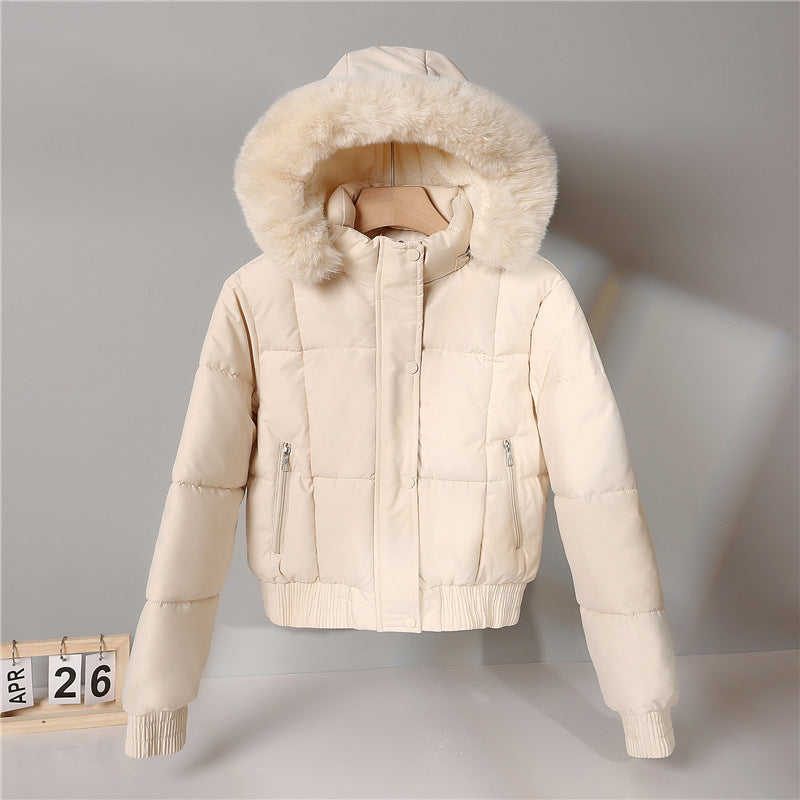 Women’s short insulated hooded blouson jacket with a fur-trimmed collar and elastic ribbed hem