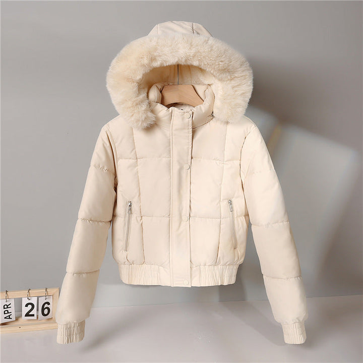Women’s short insulated hooded blouson jacket with a fur-trimmed collar and elastic ribbed hem
