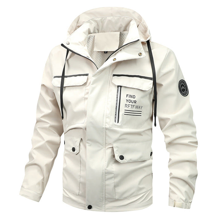 Men’s waterproof hooded rain jacket with a windproof membrane